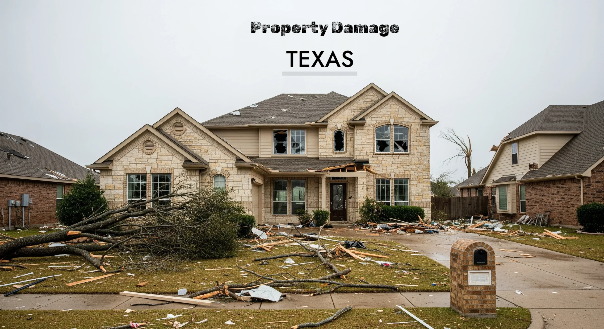 Storm-damaged house with scattered debris in front yard